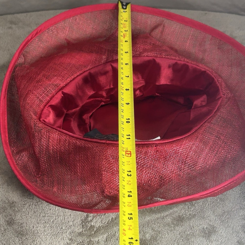 Plaza Suite NY Red Sinamay Derby Church Hat Feather Red Hat Society OS - Picture 7 of 10